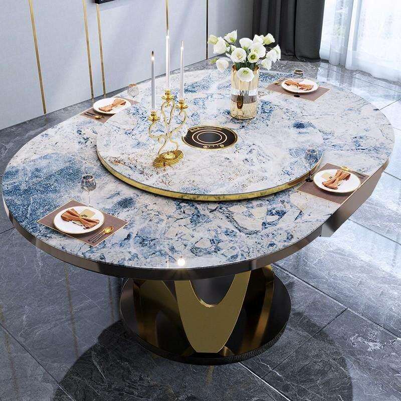 可伸缩圆餐桌轻奢岩板带电磁炉可变形饭桌家用餐桌可变圆桌