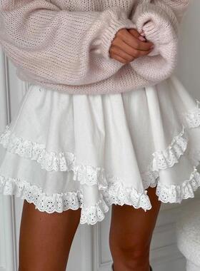 Women's white short skirt with lace stitching, high