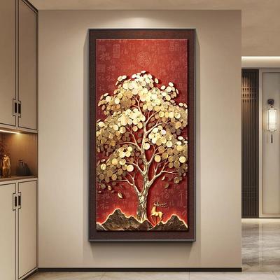 发财树玄关装饰画大气新中式过道走廊壁画竖版高档轻奢摇钱树挂画