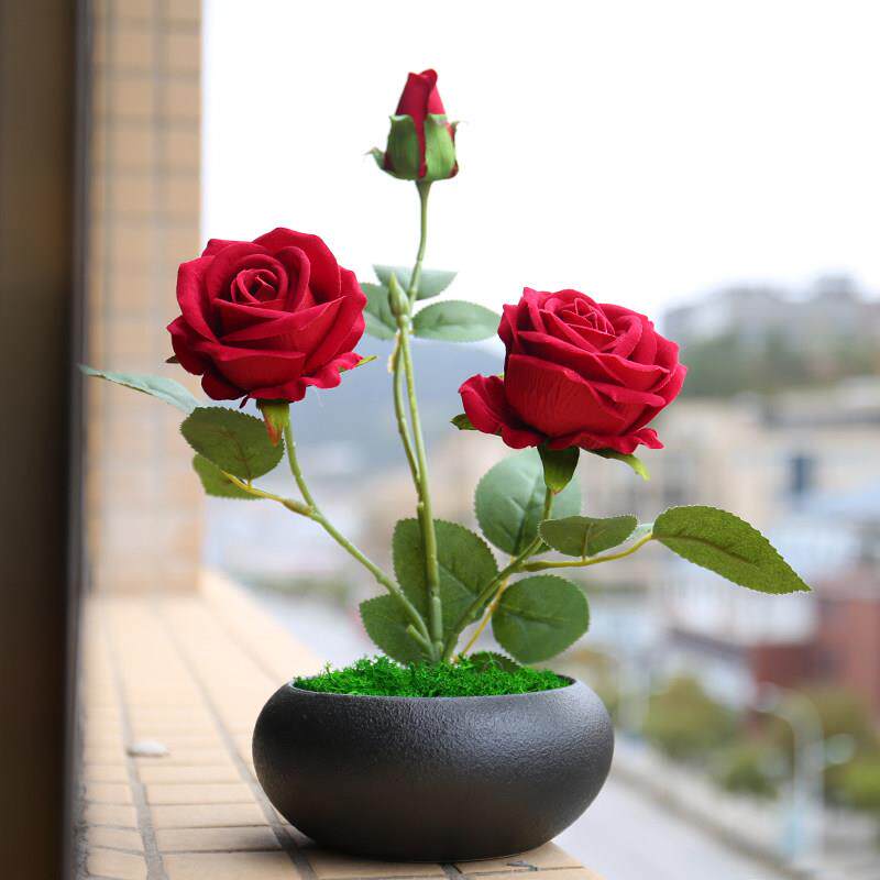 创意彷真玫瑰花摆件客厅干 干燥花电视柜茶几办公桌面盆栽假绿植