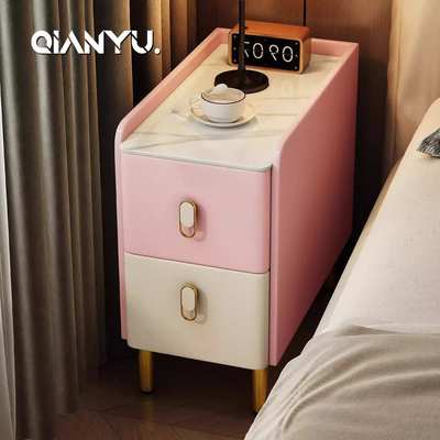 全实木简约现代岩板皮质床头柜轻奢网红儿童免安装床边柜置物柜子
