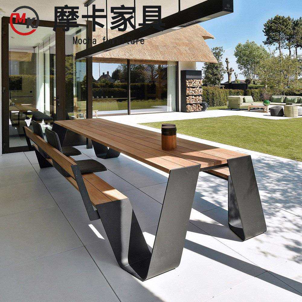 户外餐桌椅套连体长凳院子餐厅休闲露天庭院不锈钢外摆餐桌椅组合