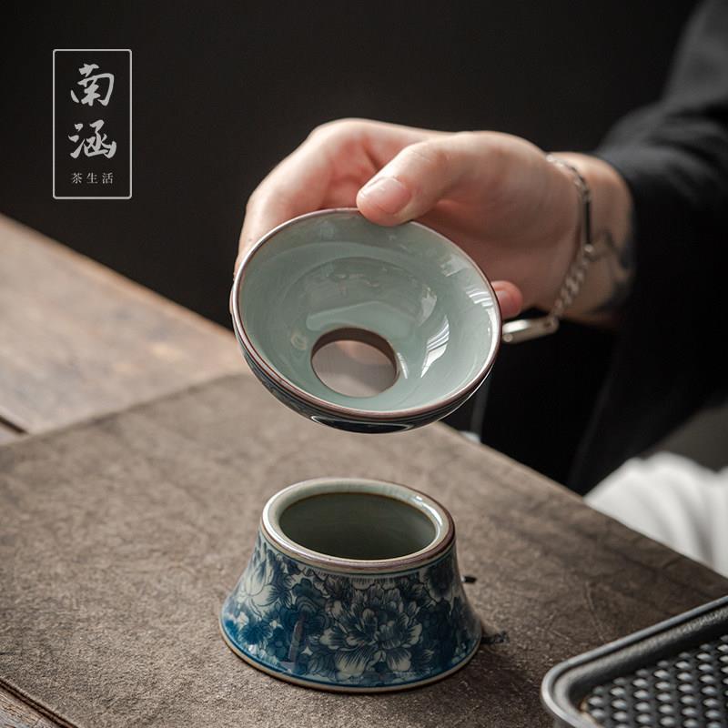 南涵流荷仿古青花陶瓷滤茶器功夫茶具配件高端复古中式漏斗茶漏过