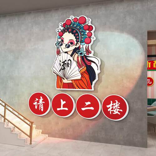 请上二楼梯指示牌国潮风饭店棋牌室背景墙面装饰画麻将馆房贴纸