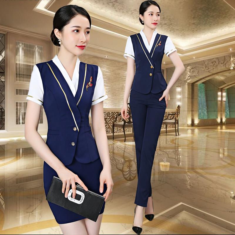 夏季美容院工作服酒店空姐服装女时尚气质显瘦足疗技师服套装