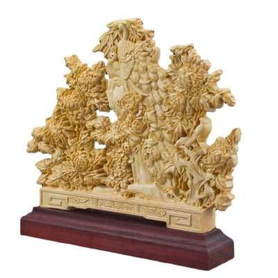 淘乐购批发孔雀牡丹黄杨木木质工艺品摆件红木底座办公场摆饰送礼