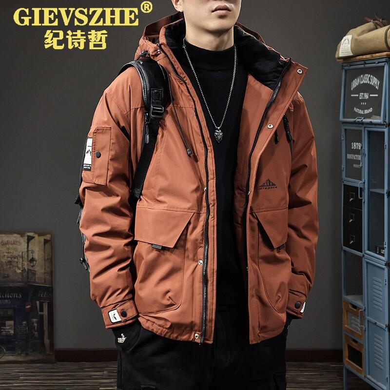 纪诗美式复古石墨烯连帽羽绒服男士冬季2025新款加厚保暖工装外套