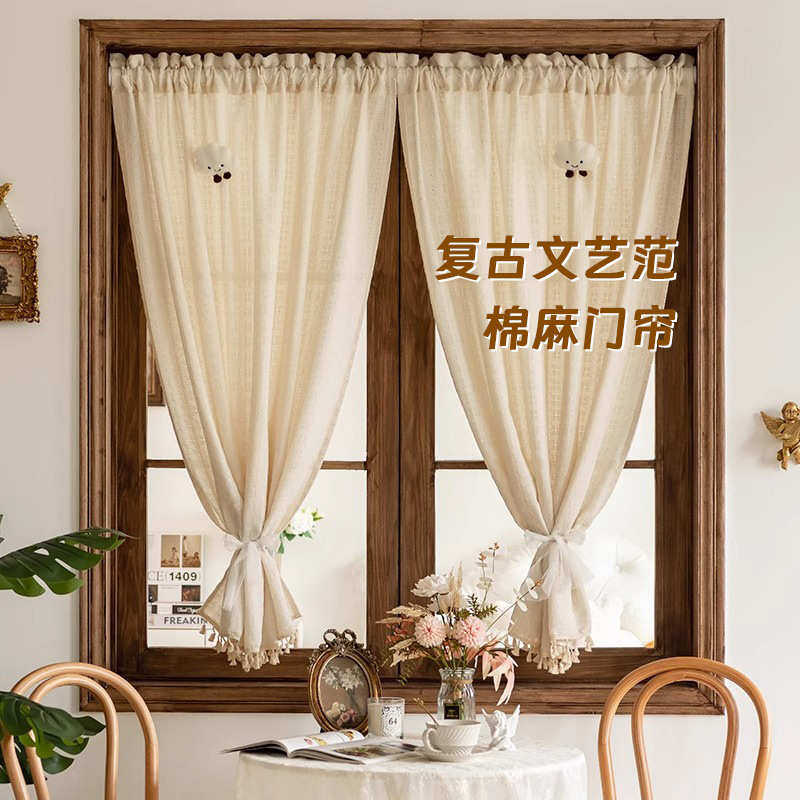 法式复古奶油风美式棉麻窗帘门帘免打孔飘窗纱帘半帘短帘遮挡柜葡,居家布艺,成品窗帘,淘宝优惠券,粉丝福利购,淘宝优惠卷