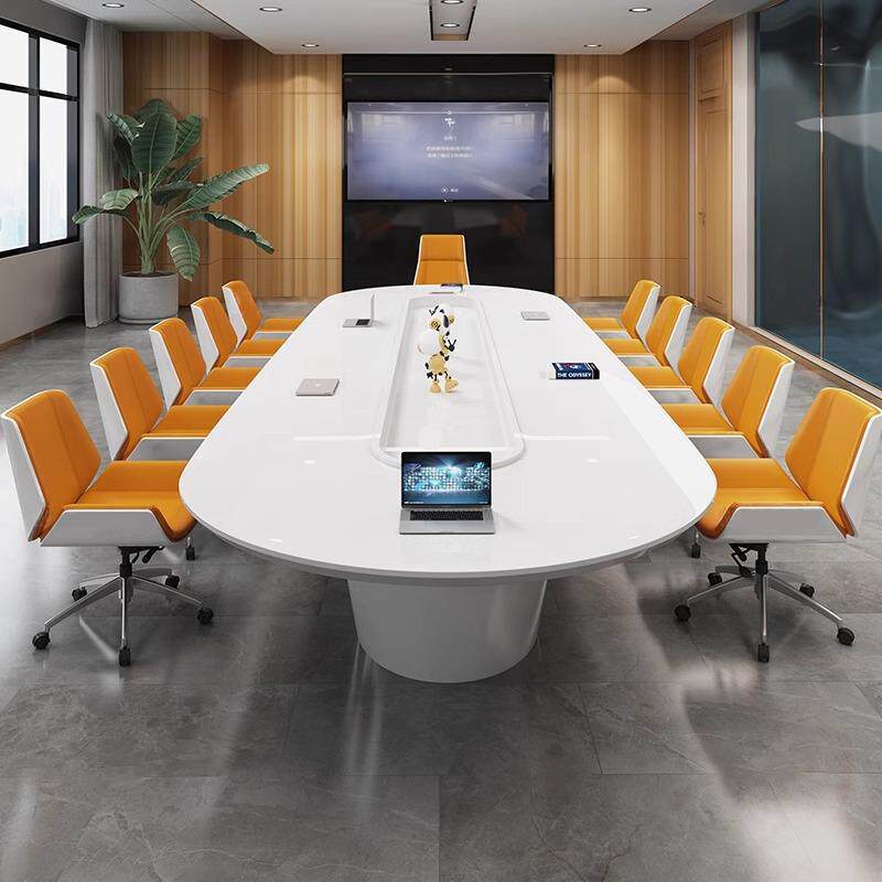 白色烤漆会议桌现代简约长桌大型洽谈桌轻奢大气办公室椭圆桌家具