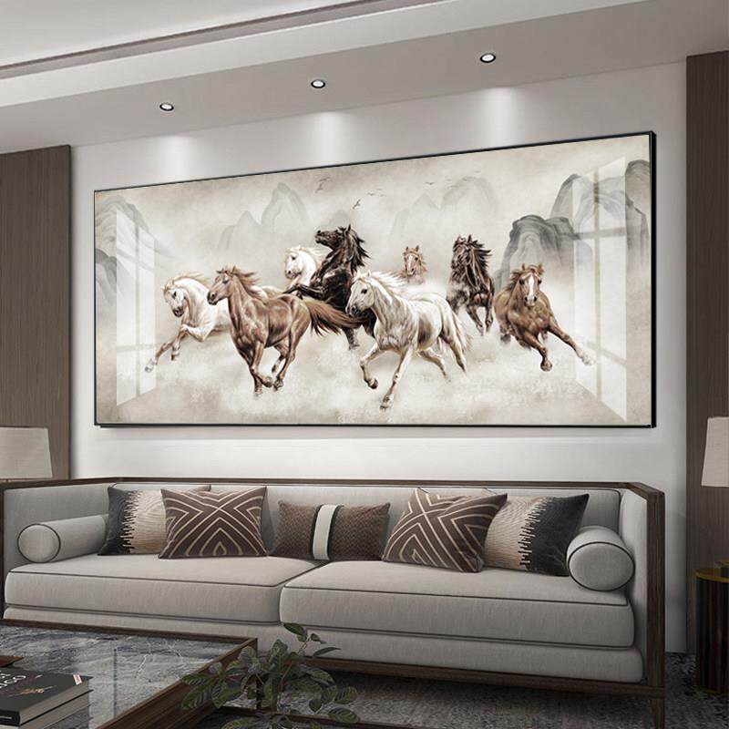 八骏图客厅挂画 画马到成功装饰画 画骏马办公室字画 画茶室沙发