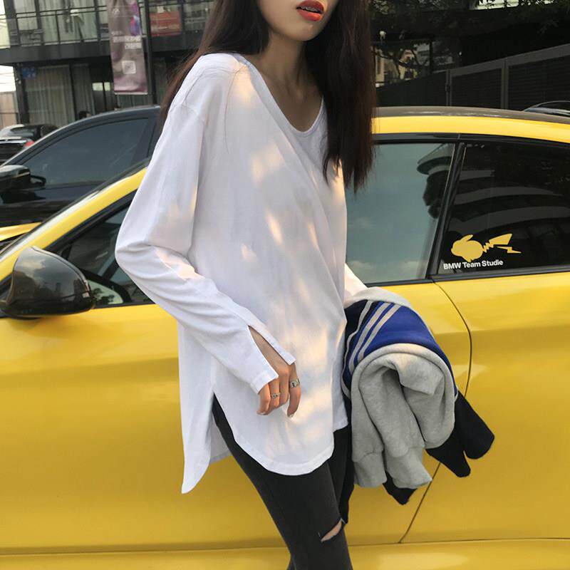 韩国中长款白色U领开叉宽松长袖t恤女叠穿内搭打底衫上衣大白体恤