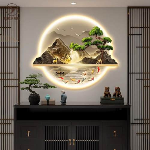 流水生财山水画挂画新中式入户玄关装饰画led灯画走廊过道墙壁画