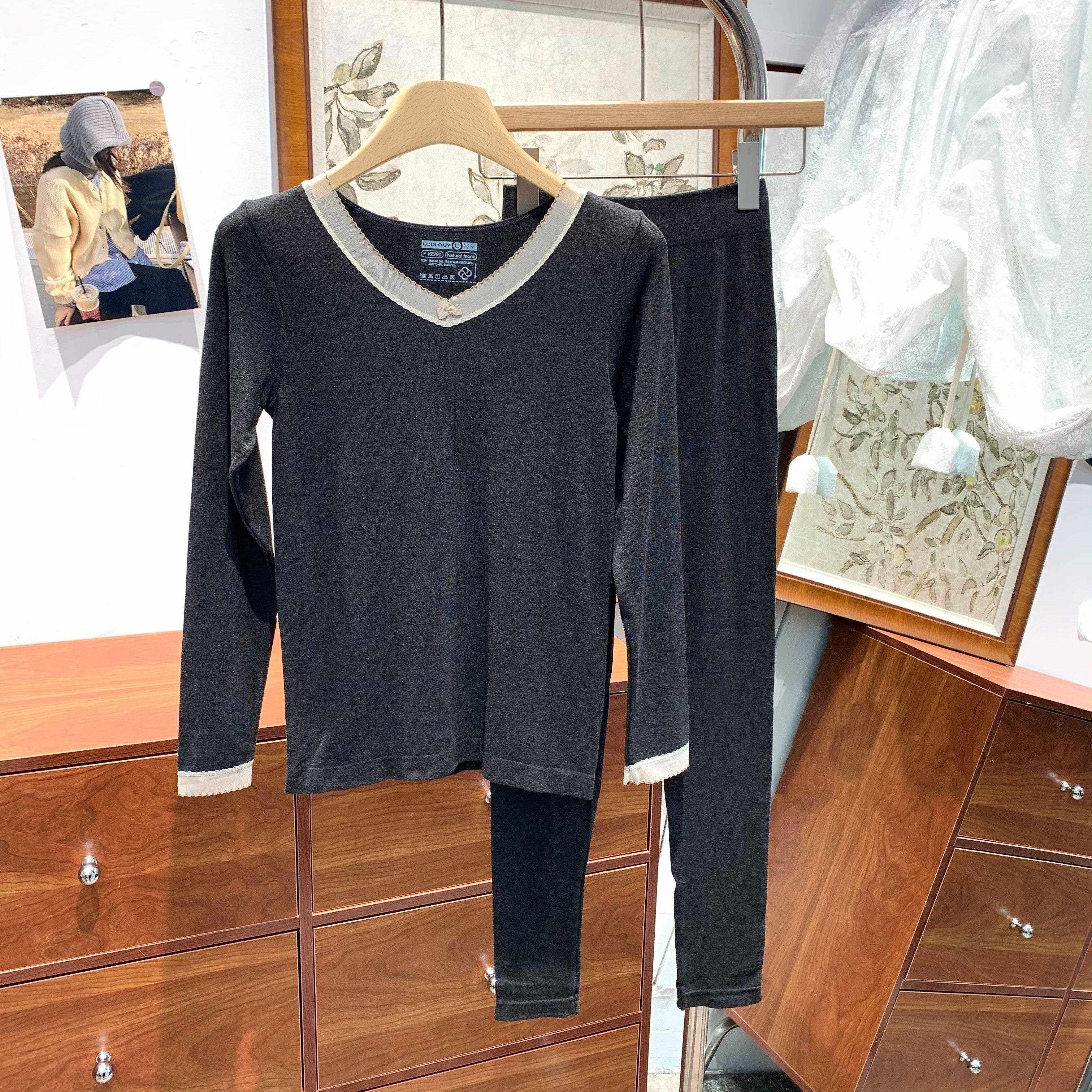 韩版蕾丝V领绵羊毛发热保暖内衣套装女秋冬修身显瘦打底秋衣秋裤