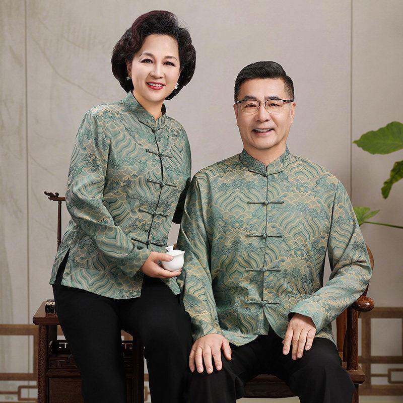 中老年唐装男真丝绸父母婚礼服长袖爷爷奶奶老人生日过寿宴薄夏装
