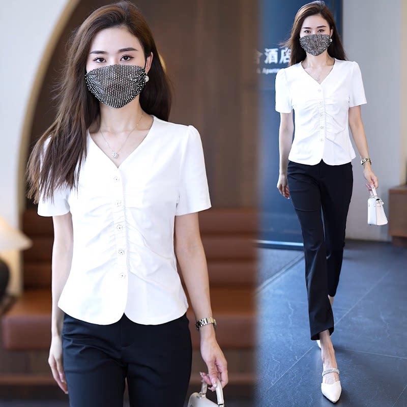 小个子V领短袖小衫女抽褶设计感夏季上衣2025年新款修身半袖T恤衫