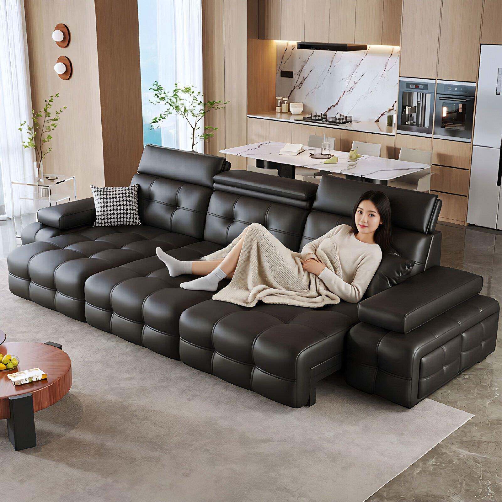 劳伦斯电动真皮沙发头层牛皮黑色可调节多功能伸缩两用直排沙发床