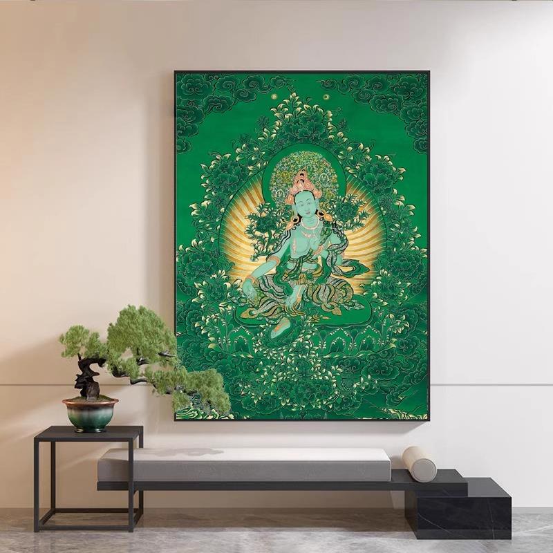 绿色唐卡挂画藏传佛像装饰画客厅玄关佛堂中堂画文殊普贤菩萨画像