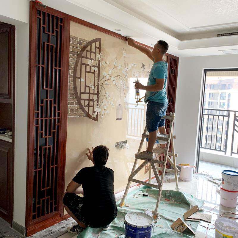 新中式岩板电视背景墙轻奢实木花格护墙板线条边框微晶石山水