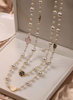 Luxury Camellia Multilayer Long Pearl Necklace Brand Design