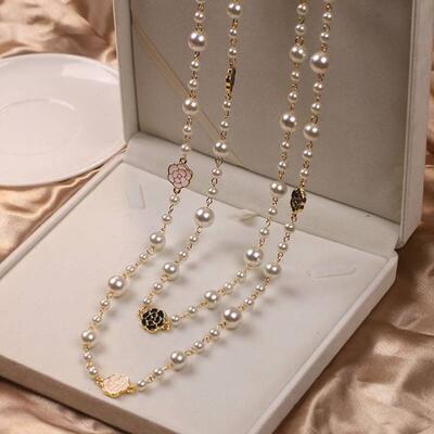 Luxury Camellia Multilayer Long Pearl Necklace Brand Design