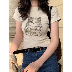 正肩短袖t恤女夏季2026新款美式复古修身印花辣妹独特超好看上衣
