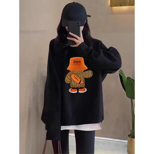 加绒加厚无帽上衣 宽松中长款 韩国假两件圆领卫衣女装 2025春秋新款