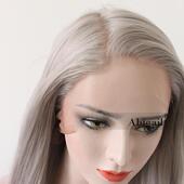 高档全蕾丝手织假化发纤微卷奶奶灰银灰浅灰色线逼真发际长发蕾丝