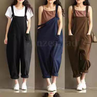 Large size women's cotton and linen overalls, long pants,