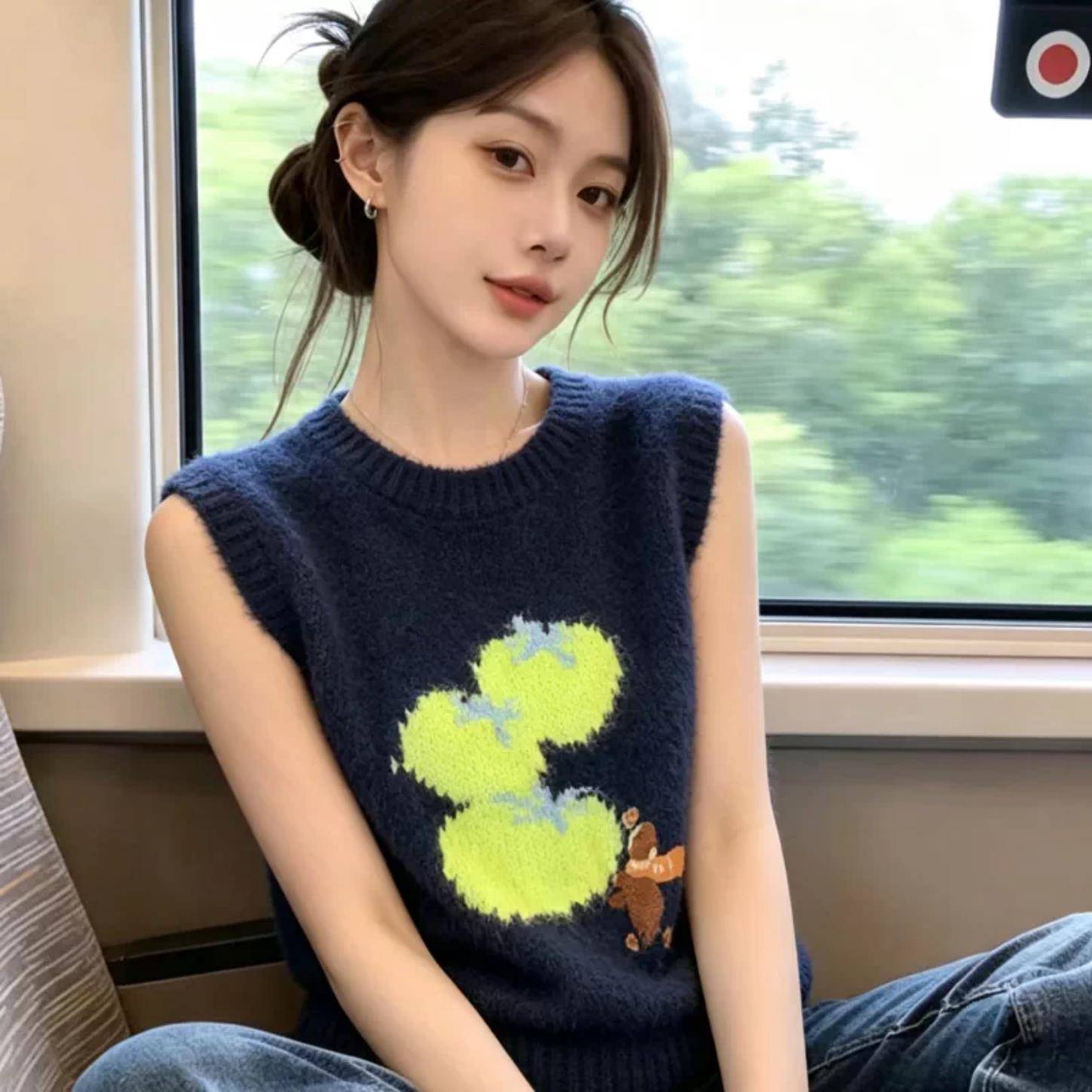 新品韩系可爱卡通刺绣针织马甲毛衣女春秋季2026新款显瘦减龄叠穿