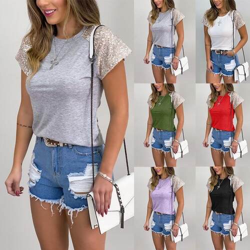 Women's patchwork sequin short sleeved top T-shirt