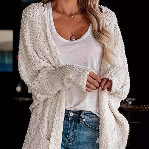 Women ' s Plain Pocket Batwing Sleeve Cardigan , Casual