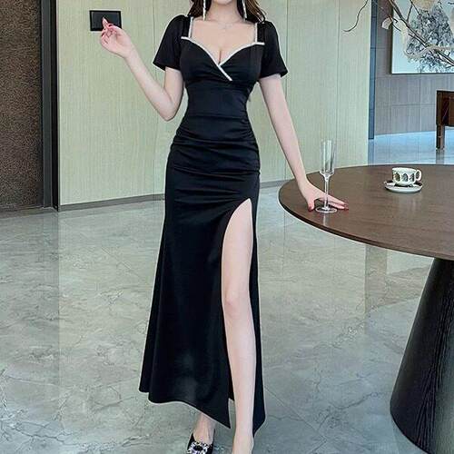 性感连衣裙2025新款黑色深晚礼服女夜总店高级感柔式技师工作服