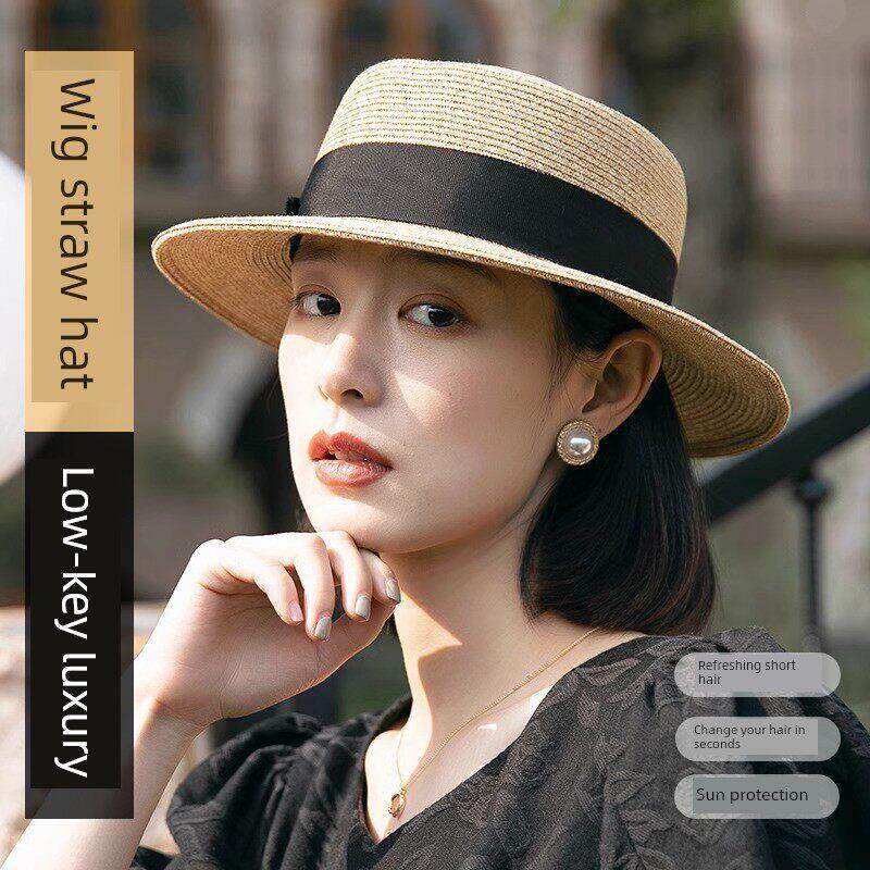 草帽假发妇女夏季短发太阳帽妇女时尚防晒帽妇女草帽平顶遮阳伞