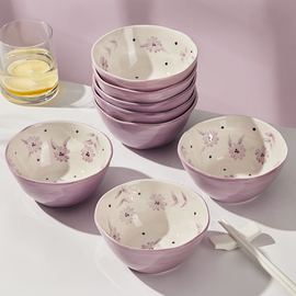 好看的陶瓷米饭碗家用5寸吃饭的碗清新餐具，盘子碗套装ins紫色的碗
