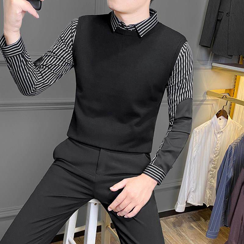 LL男装男士毛衣外套2025新款春秋假两件衬衫领高级感长袖针织衫