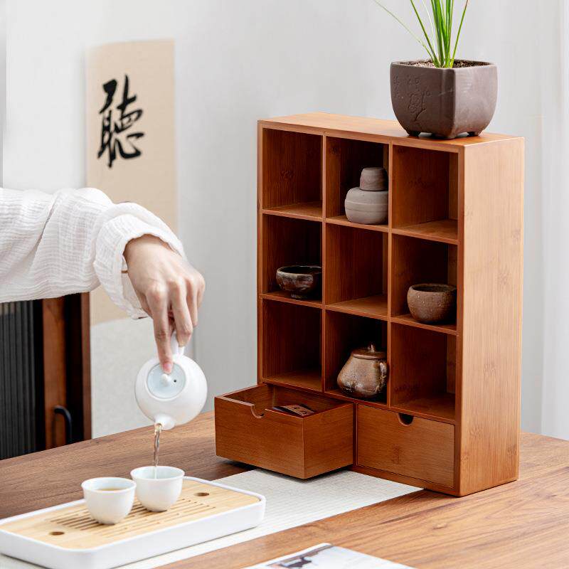 中式楠竹九宫格置物架 茶杯茶壶收纳盒茶桌展示柜茶杯博古架