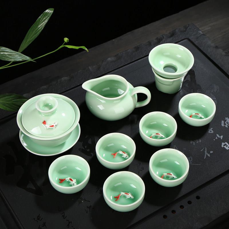 青瓷茶具套装 盖碗茶壶鱼杯套装 龙泉青瓷彩鲤鱼茶具套装 特惠