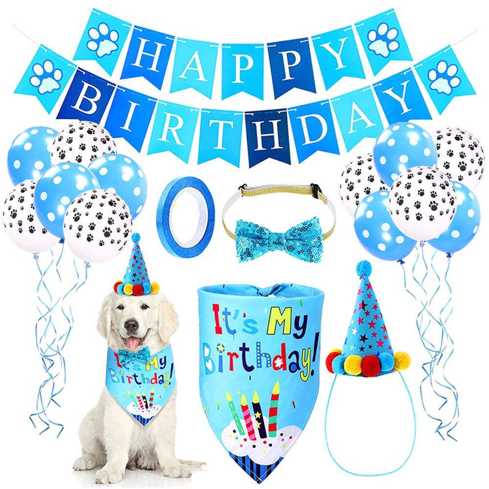 跨境宠物狗狗生日派对套装拉旗横幅生日帽气球三角口水巾装饰萌宠