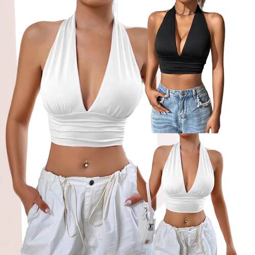 Women's Solid Color Hanging Neck Tie Side Swim Bra Casual