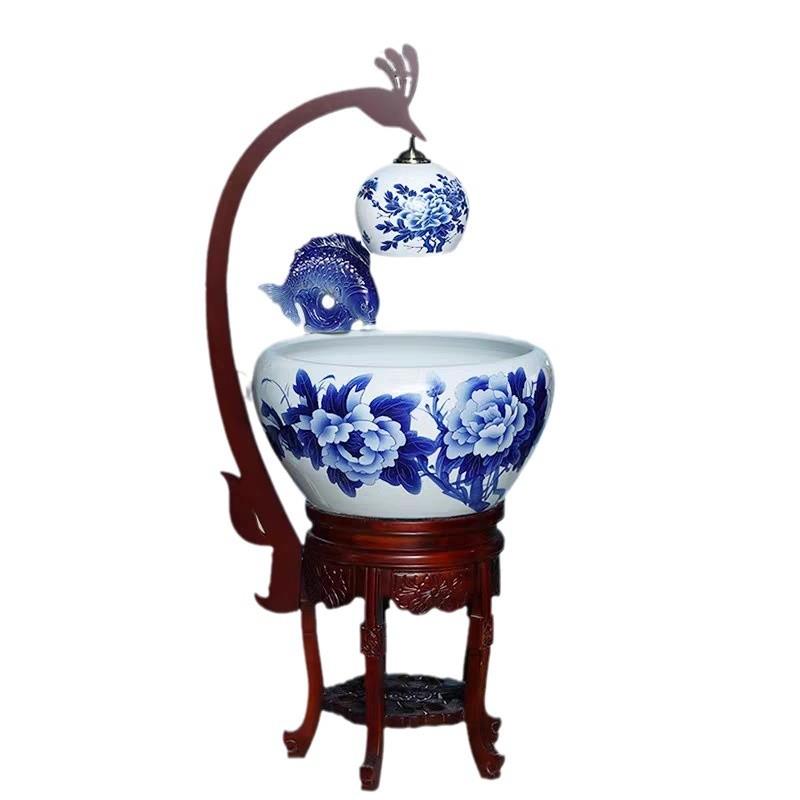 景德镇陶瓷鱼缸新中式循环增氧流水加湿鱼盆落地鱼缸玄关装饰摆件