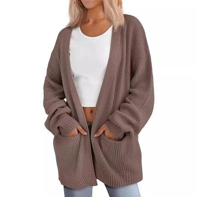 Long knit cardigan women's knitted patchwork pocket collar
