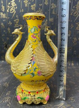 工艺品仿古鎏金镂空底座孔雀花瓶黄色收藏摆件家居装饰工艺品