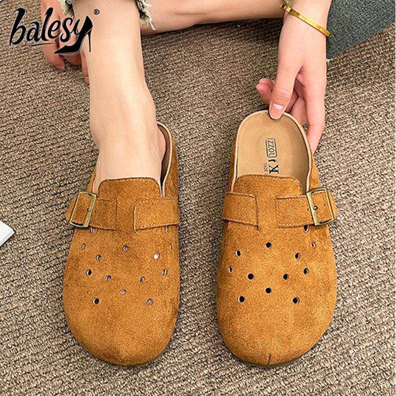 英国真皮厚底勃肯包头半拖鞋女夏外穿2026新款增高软底防滑洞洞鞋