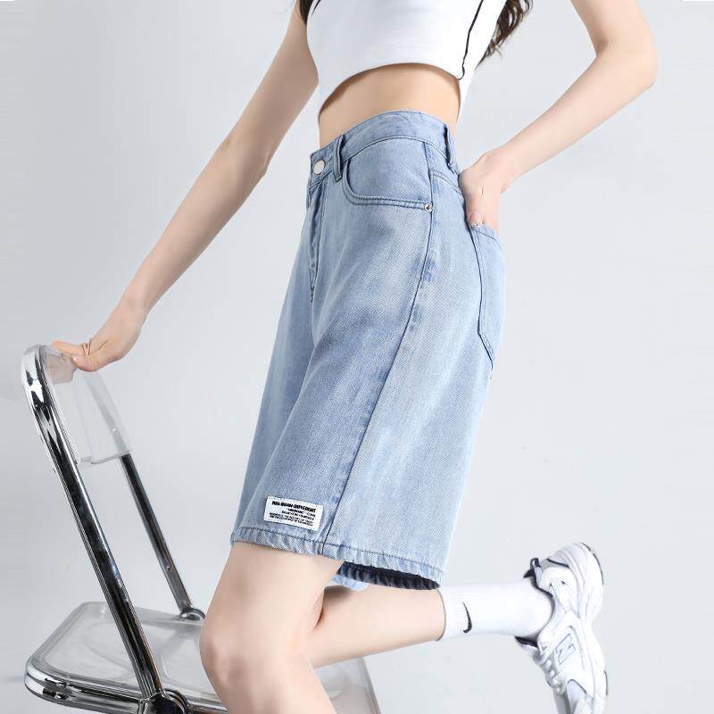 时尚品牌天丝牛仔女式五分裤2025夏季瘦高腰修身直中裤宽松阔腿短