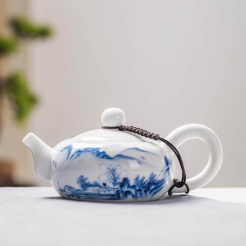 手绘山水扁西施壶陶瓷茶壶单个家用泡茶白玉瓷功夫茶具釉下彩