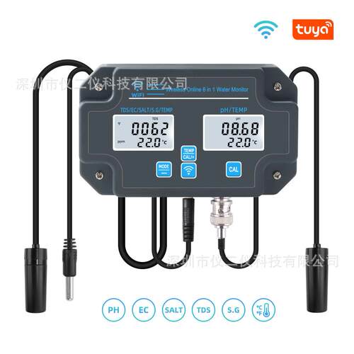 涂鸦WIFI在线检测仪6合1数显酸碱度TDS/EC盐度海水鱼缸养殖测试仪