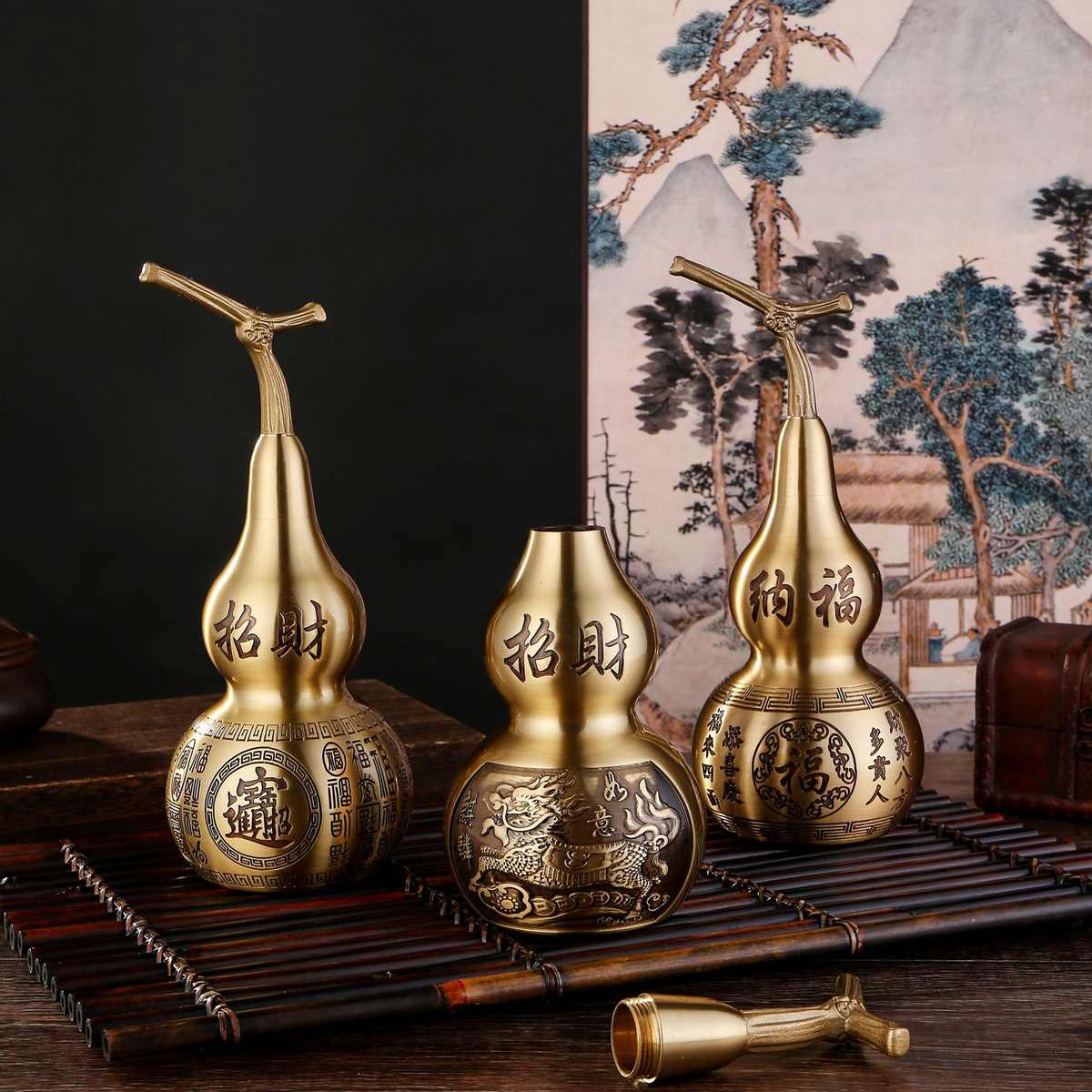 纯黄铜铜葫芦百福葫芦铜摆件铸铜精细办公室桌面玄关铜器摆件装饰