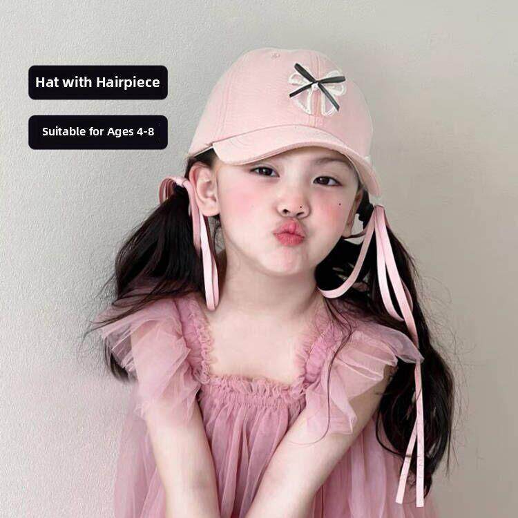 ins小众款儿童帽子假发一体蝴蝶结女童马尾辫长卷发全头套彷真发