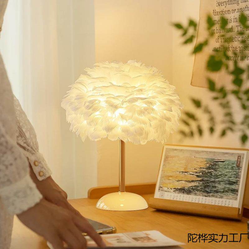 轻奢护眼羽毛遥控台灯网红直播间装饰氛围灯客厅女生卧室床头灯