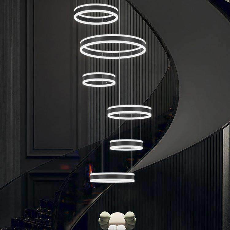 复式楼大吊灯别墅中空跃层挑空现代简约圆环轻奢高档楼中楼客厅灯